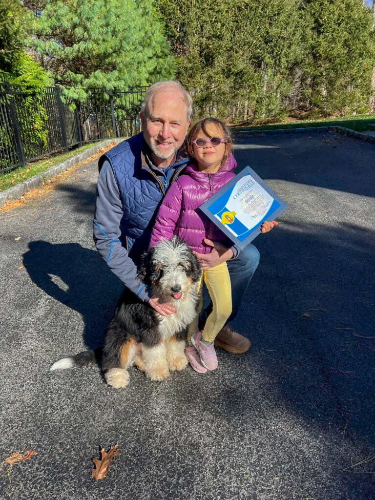A Bernedoodle Posing Outdoors With Its Owner Holding A Certificate After Completing The Board And Train Program