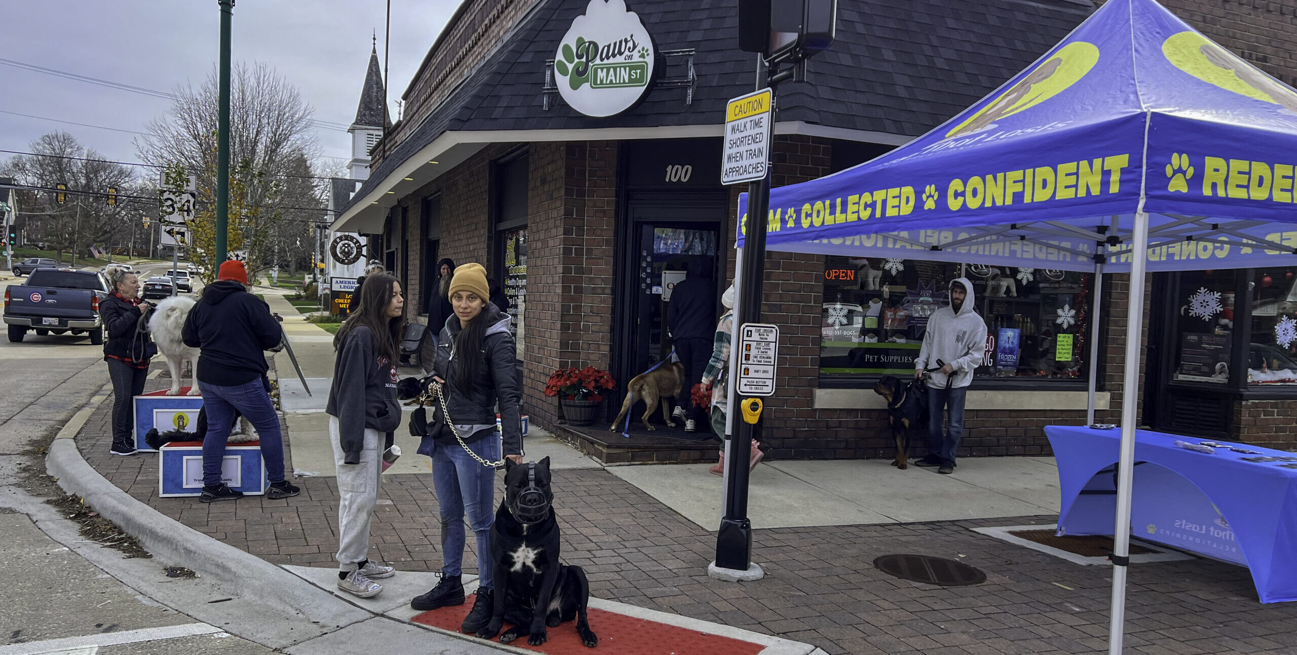 A Group Of People Standing Next To Their Dogs In Front Of Paws On Main St In Oswego During Training That Lasts Group Training Session.