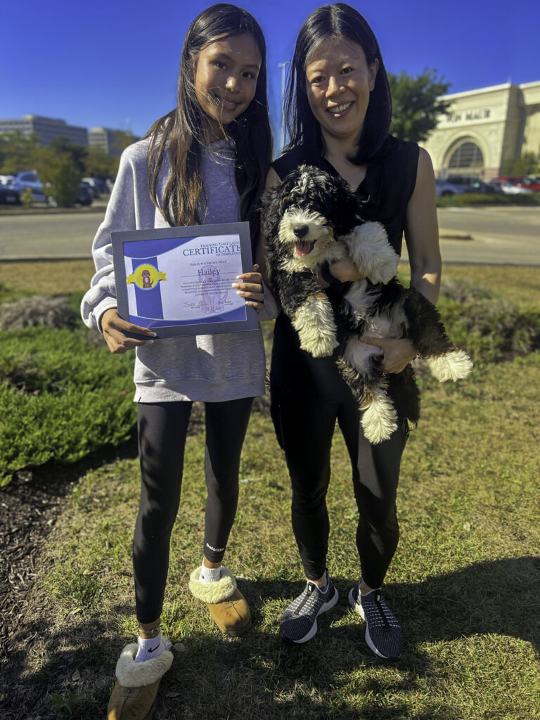 A Bernedoodle being held by two happy owners outdoors, proudly displaying its board and train certificate