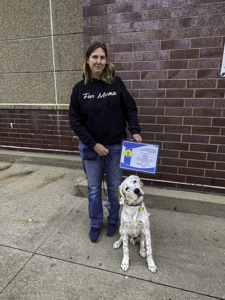 A Dalmatian standing proudly next to its trainer outside, holding the board and train graduation certificate